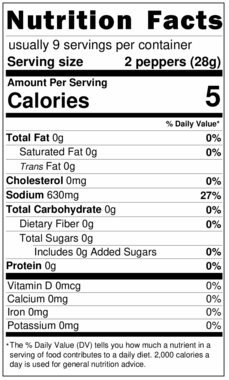 Nutrition facts panel for 16oz Medium Hot Imported Pepperoncini