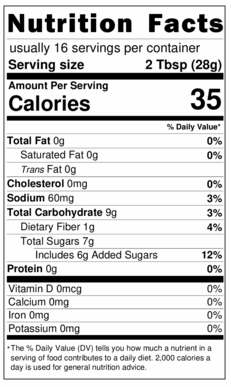 Nutrition facts panel for medium cherry salsa