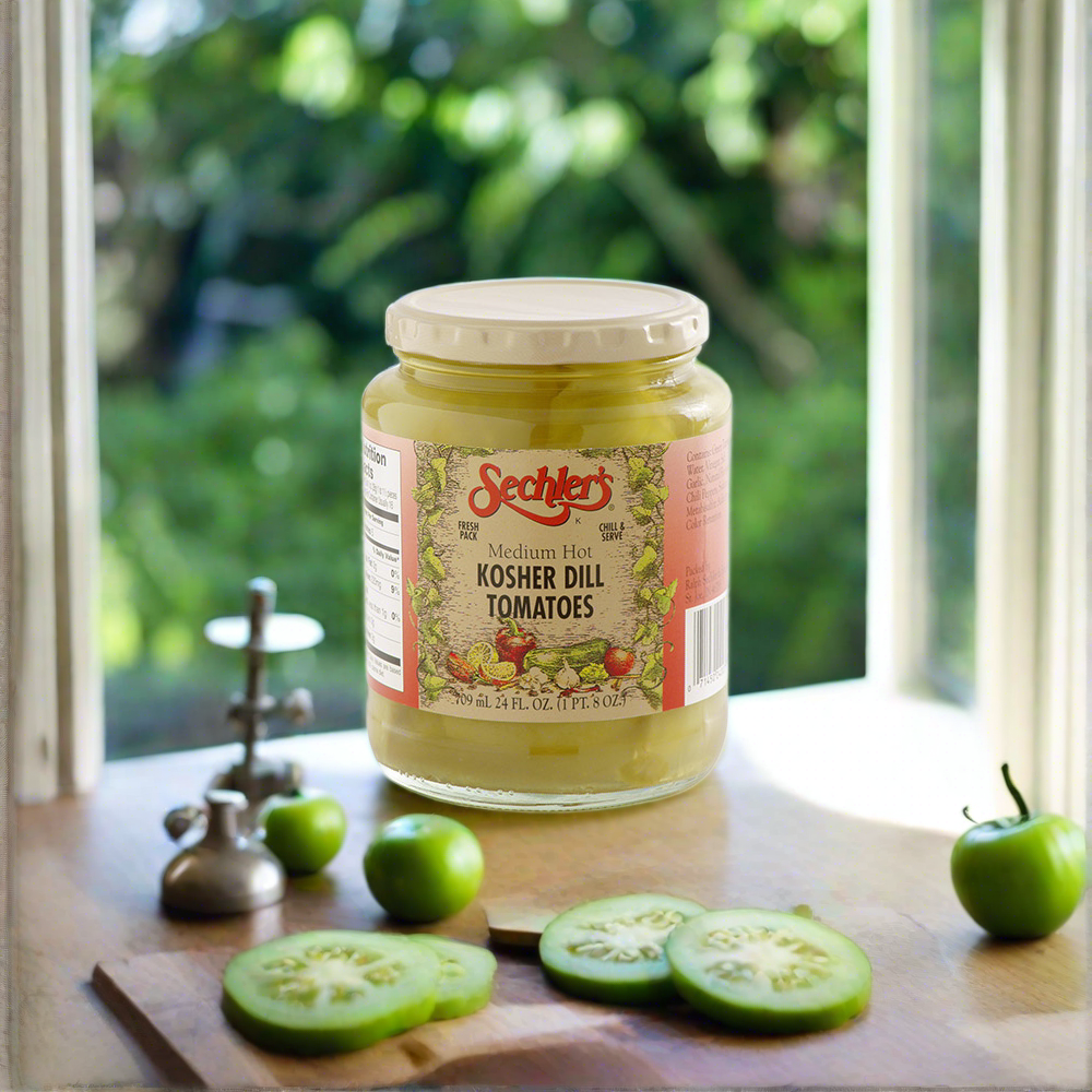 Jar of Medium Hot Kosher Dill Tomatoes on kitchen countertop with sliced and whole green tomatoes.