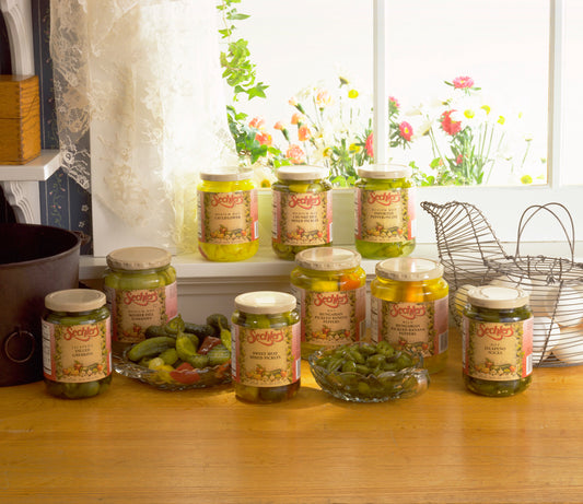 various sechler's pickles products on kitchen countertop