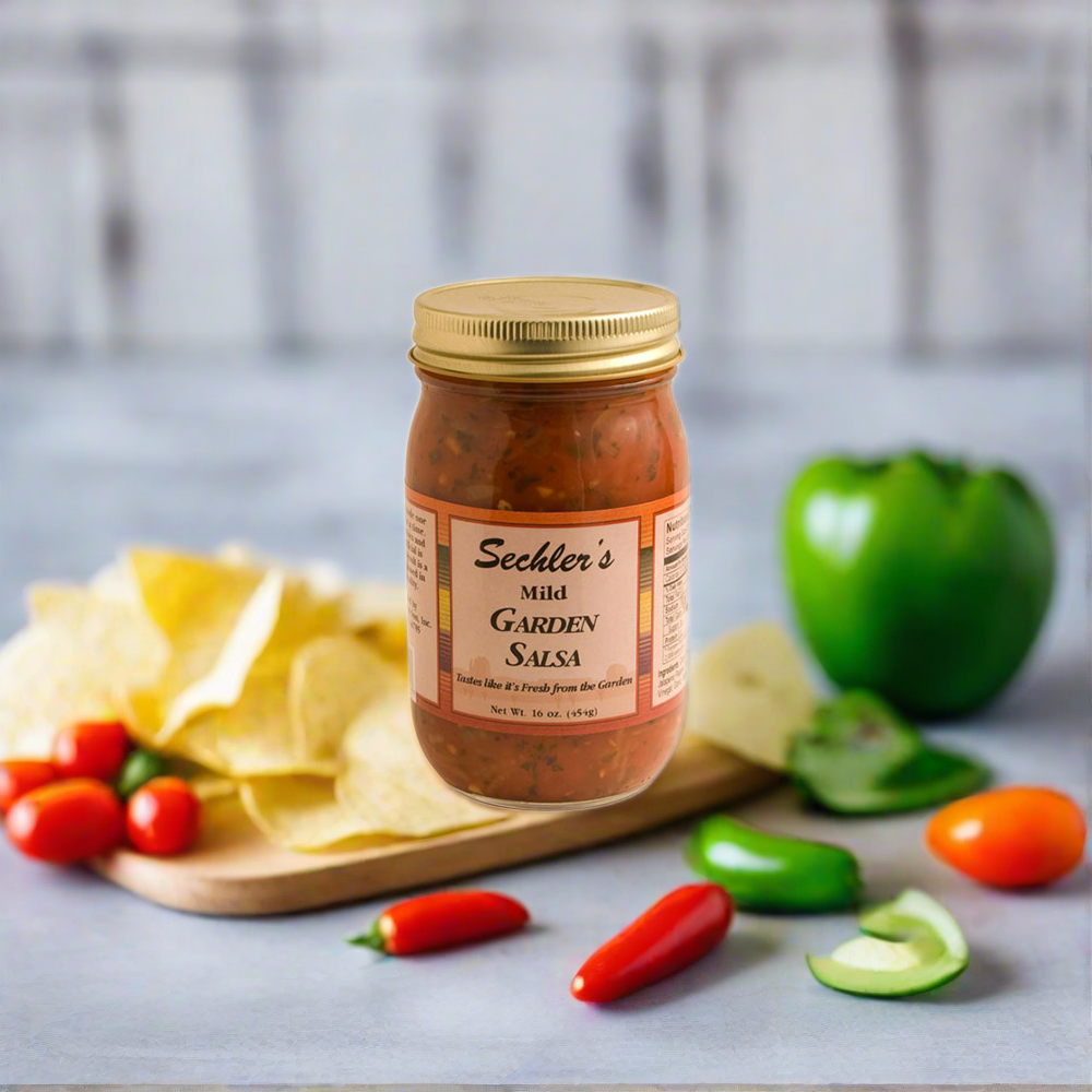 Mild Salsa on kitchen countertop surrounded by chips and salsa ingredients.