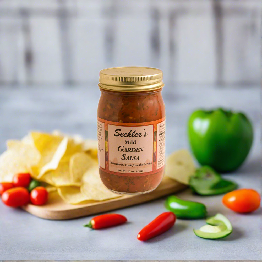 Mild Salsa on kitchen countertop surrounded by chips and salsa ingredients. 