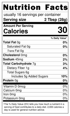 Nutrition facts panel for medium peach salsa
