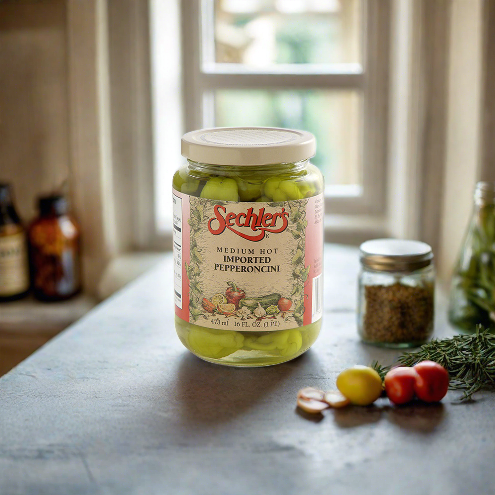 16oz jar of medium hot imported pepperoncini on kitchen counter surrounded by various Mediterranean ingredients