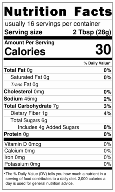 Nutrition facts panel for medium pineapple salsa